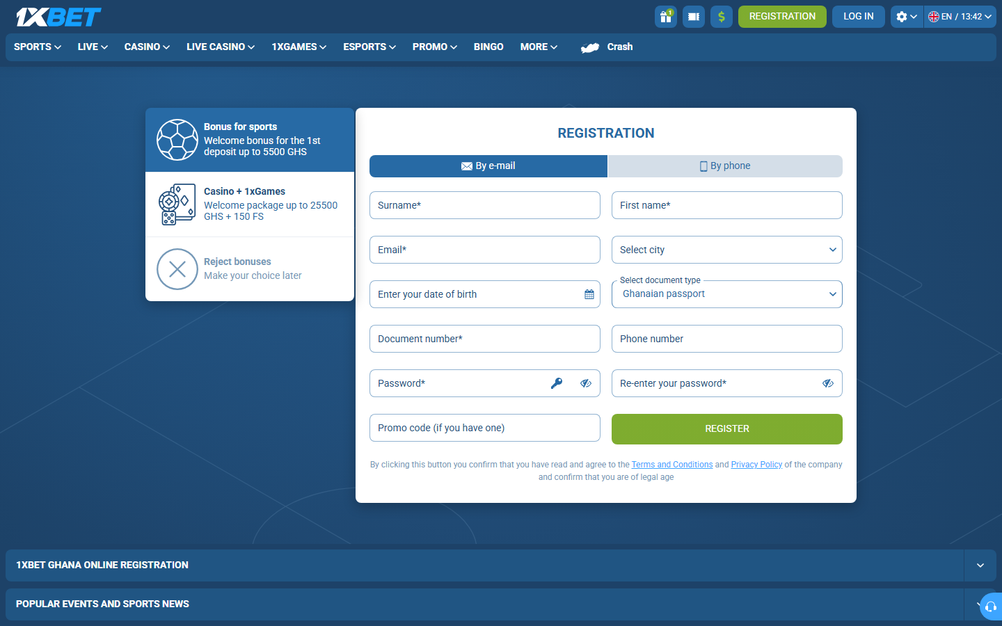 1xBet Ghana registration
