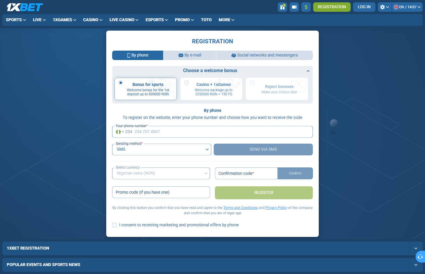 1xBet Nigeria registration