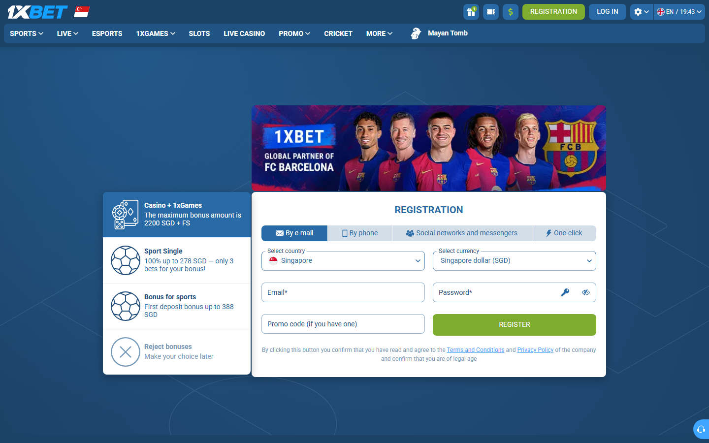 1xBet Singapore registration