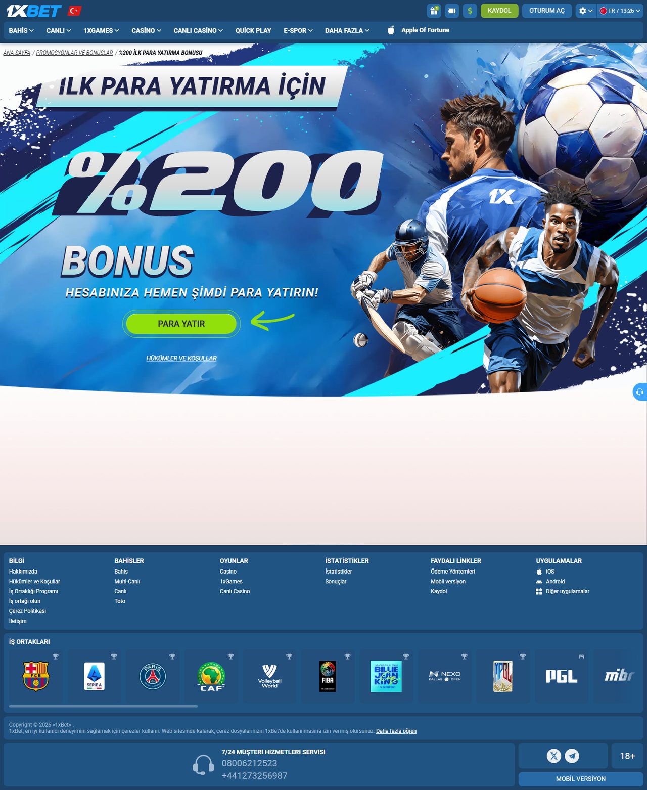 1xBet ilk para yatırma bonus ekranı