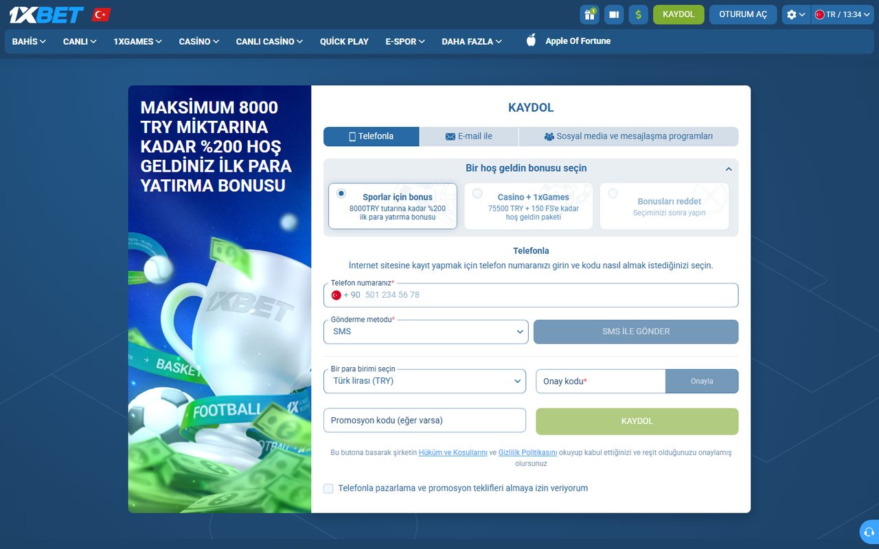 1xBet Türkiye kayıt ekranı