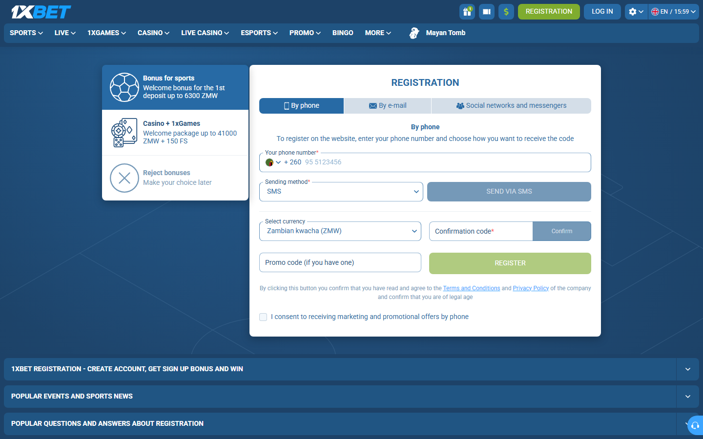 1xBet Zambia registration